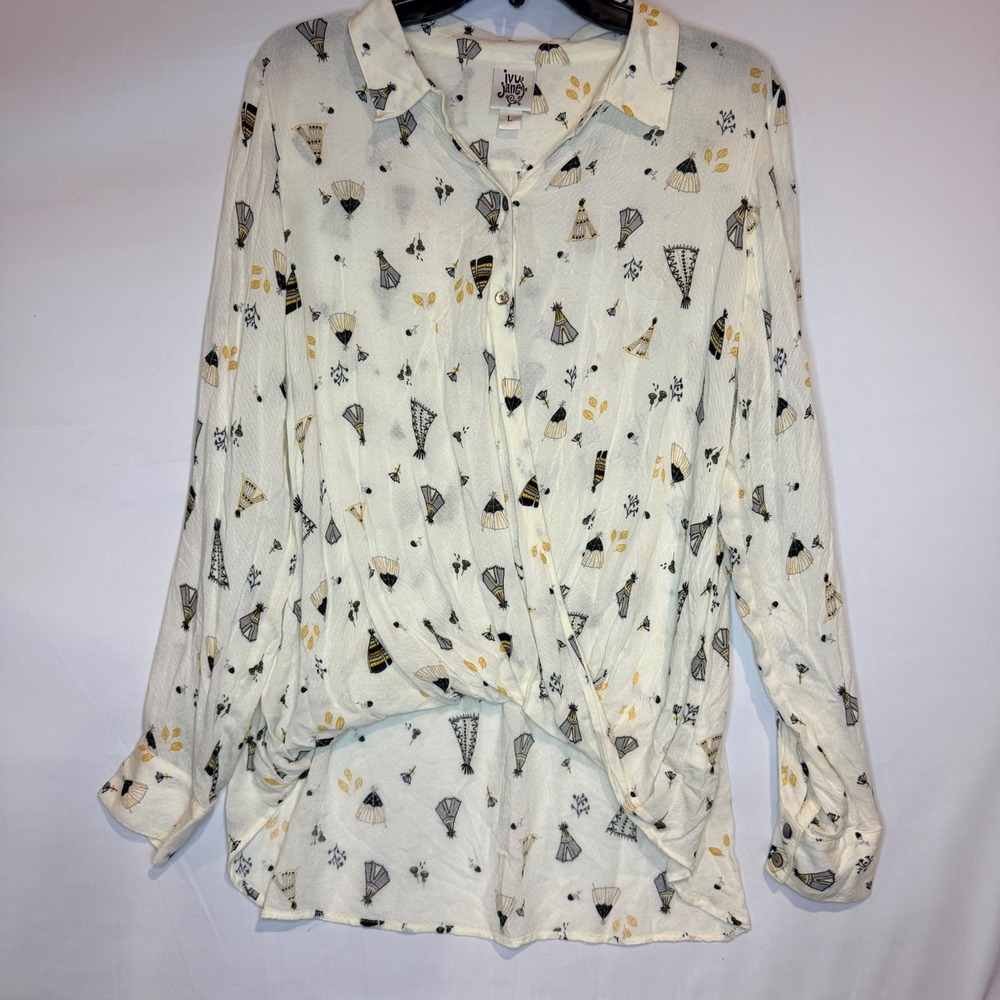 Ivy Jane Womens Large Teepee Print Twist Front High Low Button Down Blouse Cream